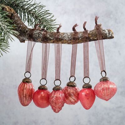 Set mit 6 kleinen Weihnachtskugeln aus pfirsichfarbenem Crackle-Glas, gemischtes Design, 2,5 cm