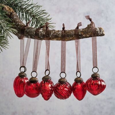 Set mit 6 kleinen Weihnachtskugeln aus rotem Crackle-Glas, 2,5 cm, gemischtes Design