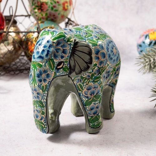 Turquoise & Green Floral Giant Elephant Paper Mache Ornament