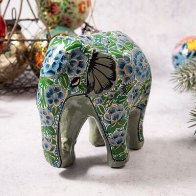 Adorno de papel maché elefante gigante floral turquesa y verde