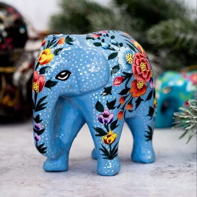 Ornement en papier mâché d'éléphant géant floral bleu indien