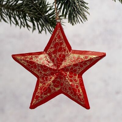 Adorno navideño de estrella colgante 3D de madera con guijarros rojos