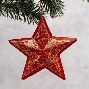 Ornement de Noël étoile suspendue 3D en bois de galets rouges 2
