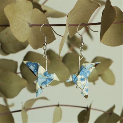 Boucles d'oreilles origami - Couple de colombes fleurs bleues