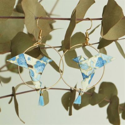 Aros de origami - Palomas y pompones de flores azules