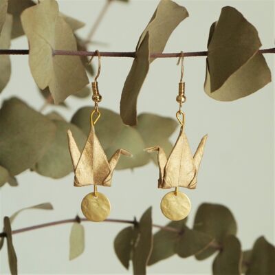 Boucles d'oreilles origami - Grues dorées et sequins