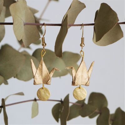Origami earrings - Golden cranes and sequins