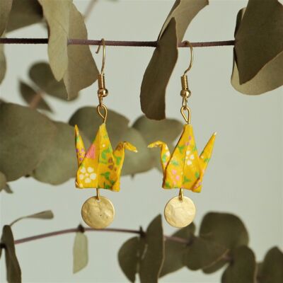 Boucles d'oreilles origami - Grues orangé et sequins