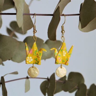 Origami earrings - Orange cranes and sequins