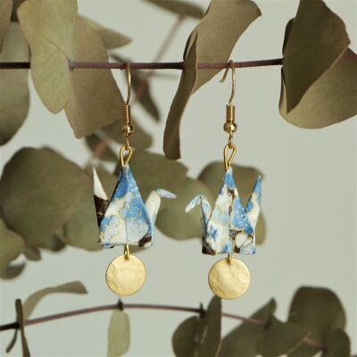 Boucles d'oreilles origami - Grues fleurs bleues et sequins