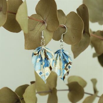 Boucles d'oreilles origami - Petites feuilles fleuri bleu 1