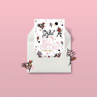 Buon Natale - Cartolina di Natale con uccello illustrato. A6 Bianco/Rosa
