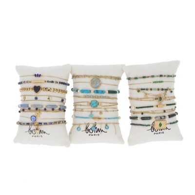 Kit of 3 sausages of 8 bracelets - golden blue turquoise green - FREE DISPLAY