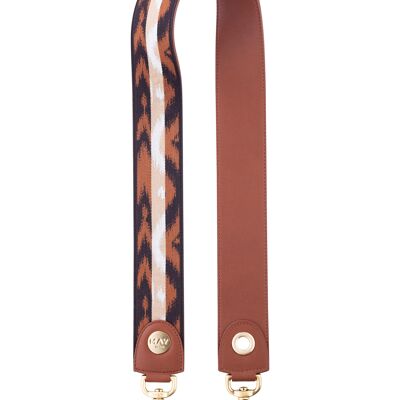 BANDOULIERE MAY PARIS - POSIDONIE COLLECTION - IKAT PATTERN - CAMEL LEATHER - GOLD JEWELERY