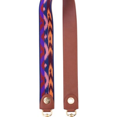 BANDOULIERE MAY PARIS - ROSSA COLLECTION - IKAT PATTERN - CAMEL LEATHER - GOLD JEWELERY