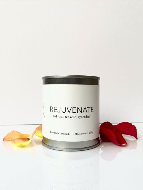Rejuvenate Soy Candle | Red Rose, Tea Rose, Green Leaf | Paint Style Tin | Vegan Friendly | Handmade | 250g