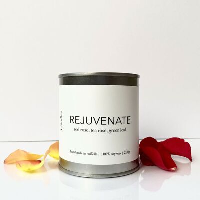 Rajeunir la bougie de soja | Rose rouge, rose thé, feuille verte | Étain de style peinture | Convient aux végétaliens | Fait à la main | 250g