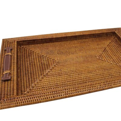 Honey Oakkan rectangular tray with leather insert