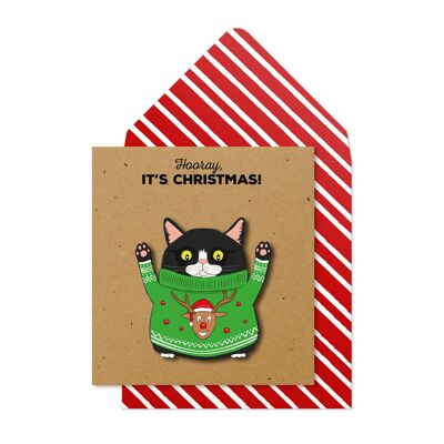 Christmas Black Cat In Green Jumper