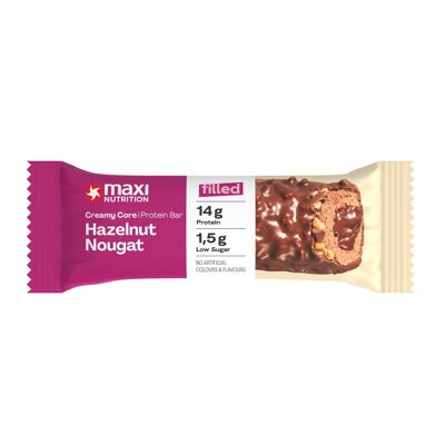 MaxiNutrition Creamy Core Bar Haselnuss-Nougat, 12x45g Filled-Protein-Riegel, 32% Eiweißgehalt 14g je Riegel, low Sugar (1,5g), ohne Zuckerzusatz, ohne künstliche Aromen, Born & Developed in Germany