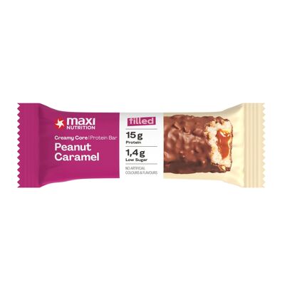 MaxiNutrition Creamy Core Bar Peanut Caramel, 12x45g Filled-Protein-Riegel, 32% Eiweißgehalt 15g je Riegel, low Sugar (1,4g), ohne Zuckerzusatz, ohne künstliche Aromen, Born & Developed in Germany