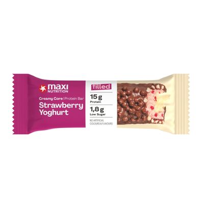 MaxiNutrition Creamy Core Bar Strawberry Yoghurt, 12x45g Filled-Protein-Riegel, 34% Eiweißgehalt 15g je Riegel, low Sugar (1,8g), ohne Zuckerzusatz, ohne künstliche Aromen, Born & Developed in Germany