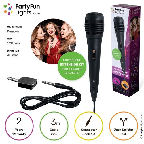 PartyFunLights - Microphone extension set for karaoke set - incl. input splitter - incl. cable - fits every microphone input