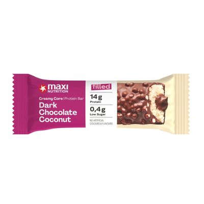 MaxiNutrition Creamy Core Bar Dark Chocolate Coconut, 12x45g Filled-Protein-Riegel, 32% Eiweißgehalt 14g je Riegel, low Sugar (1g), ohne Zuckerzusatz, ohne künstliche Aromen