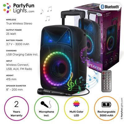 Altavoz Bluetooth para fiestas con karaoke - Iluminación para fiestas - Micrófono - Mando a distancia