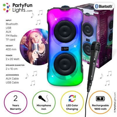 PartyFunLights - Bluetooth Party Karaoke Set - LED front changes color - incl. microphone - light effects