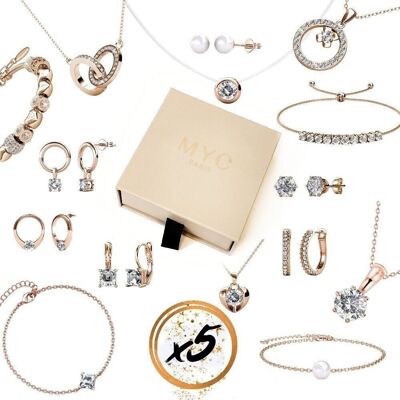 5 surprise jewels in a gift box - Rose Gold and Crystal