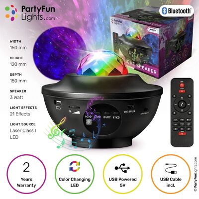 PartyFunLights – Bluetooth-Starlight-Partylautsprecher mit Laserprojektor – Fernbedienung – 21 Effekte – Projektorlampe