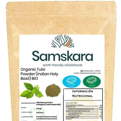 Polvere di Tulsi BIO | Polvere di basilico santo indiano | di coltivazione ecologica | Samskara (250 gr) | Biologico
