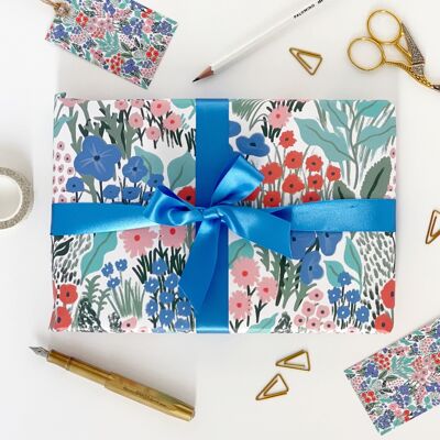 Blue Flower Meadow Recyclable Wrapping Paper - Eco Friendly Gift Wrap