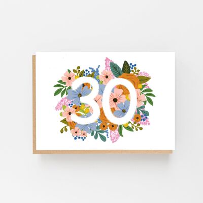 Tarjeta de 30 cumpleaños colorida y floral