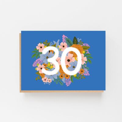 Carte d'anniversaire colorée et florale pour 30 ans - Bleu