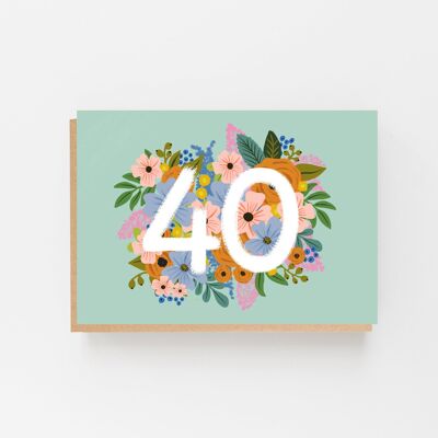 Tarjeta de 40 cumpleaños colorida y floral