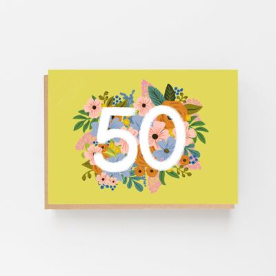 Biglietto di auguri per il 50° compleanno colorato e floreale