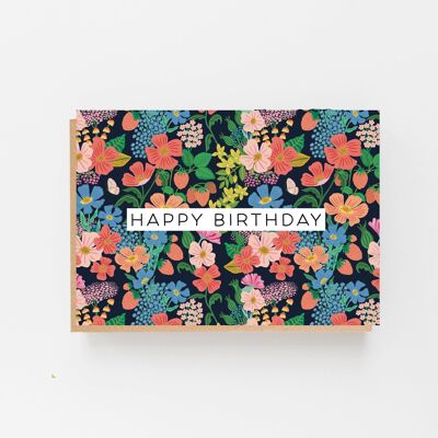 Happy Birthday Summer Flowers Black Greeting Card