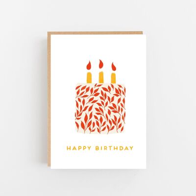 Feliz Cumpleaños - Pastel con Diseño de Hojas Rojas