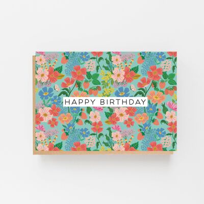 Happy Birthday Summer Flowers Green Greeting Card