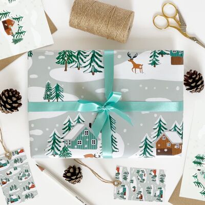 Little Log Cabins in the Snow Set de papel de regalo reciclable y etiquetas