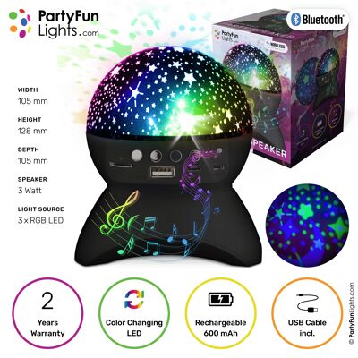 PartyFunLights – Kabelloser Bluetooth-Nachtlicht-Lautsprecher – Lichteffekte – wiederaufladbarer Akku – Sternprojektorlampe