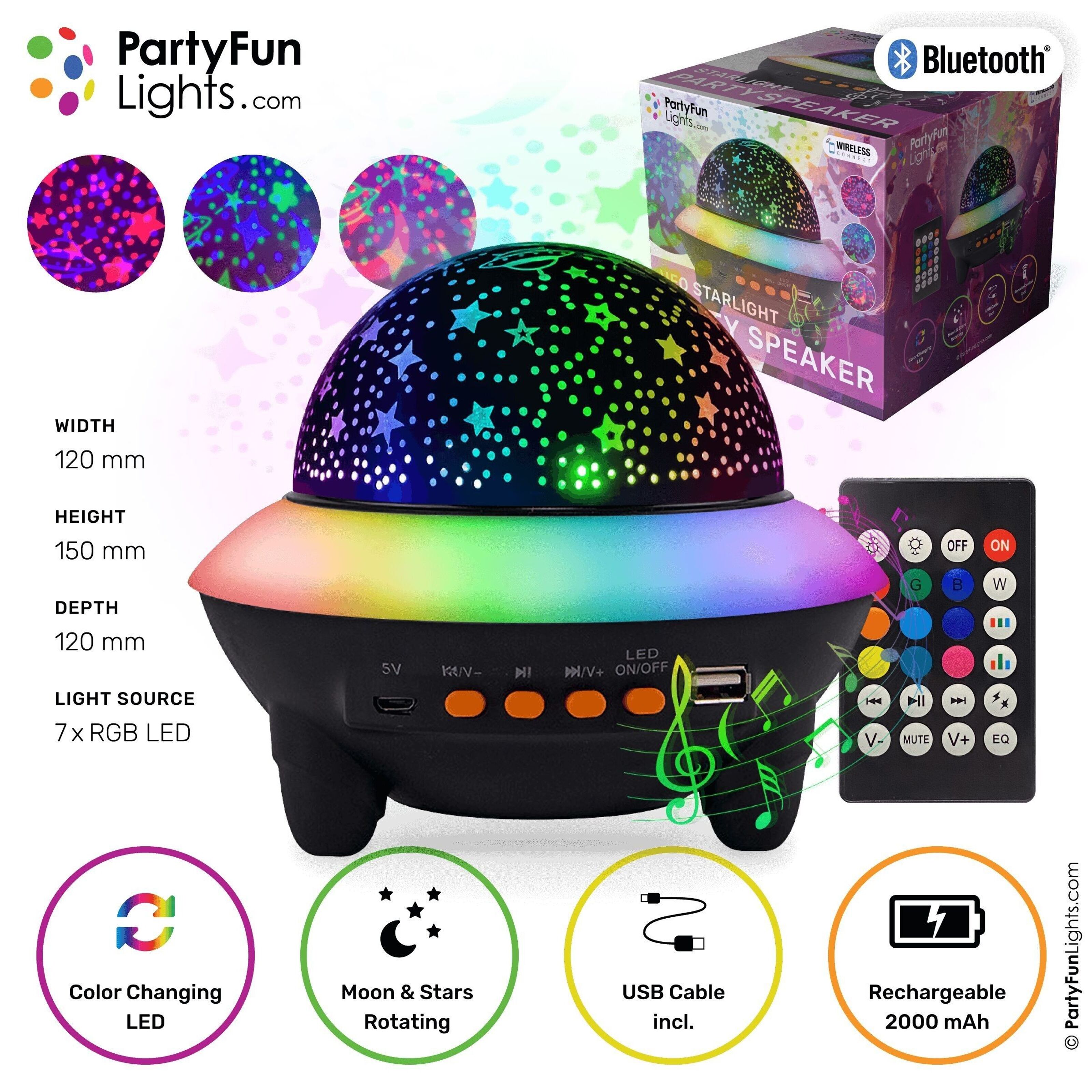 Kaufen Sie PartyFunLights – Bluetooth-UFO-Party-Lautsprecher – Lichteffekte  – eingebauter Akku – mit Fernbedienung – Sternprojektorlampe zu  Großhandelspreisen