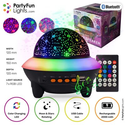 PartyFunLights - Bluetooth UFO Party Speaker - efectos de luz - batería integrada - con mando a distancia - lámpara proyector de estrellas