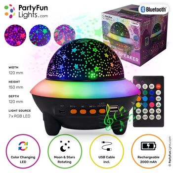 PartyFunLights - Enceinte Bluetooth UFO Party - effets lumineux - batterie intégrée - avec télécommande - lampe projecteur étoile 1