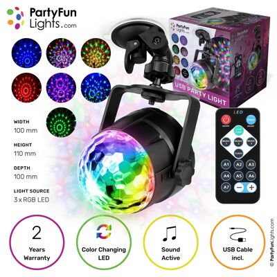 PartyFunLights - USB Party Projector Disco lamp - 11 light effects - incl. suction cup - incl. remote control