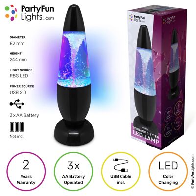 PartyFunLights - Tornado Glitter Lamp - changement de couleur - LED - USB et piles