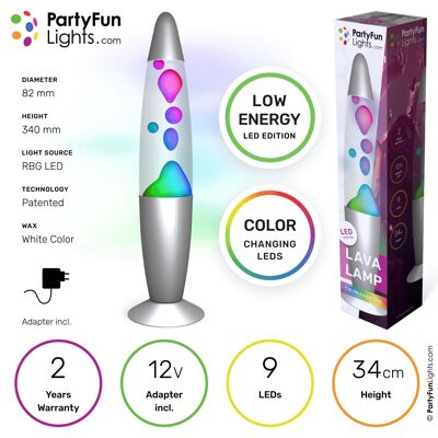 PartyFunLights - Lava Lamp Multi-Color LED - changes color - energy-efficient technology - height 34cm - incl. EU adapter
