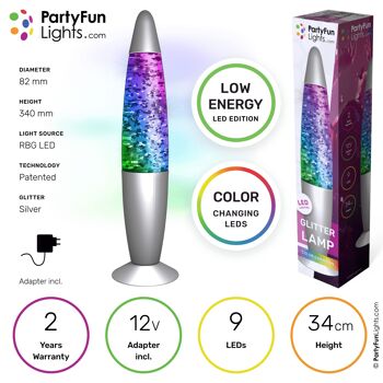 PartyFunLights - GlitterLamp Multi-Color LED - technologie économe en énergie - change de couleur - hauteur 34cm - adaptateur inclus 1